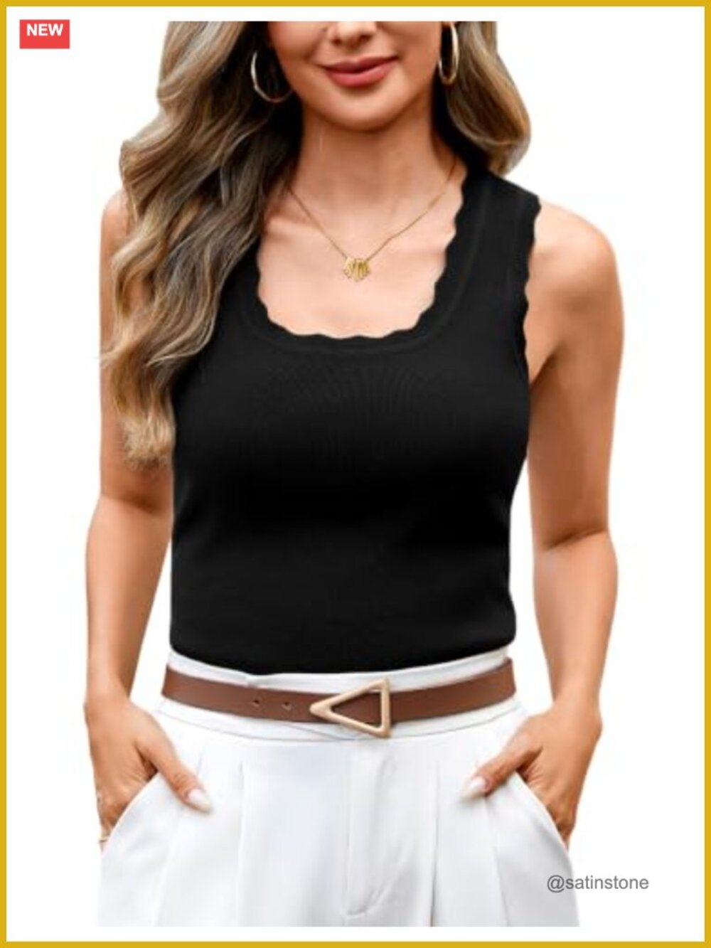 Scalloped Square Neck Ribbed Knit Sweater Vest Tank Top Sleeveless